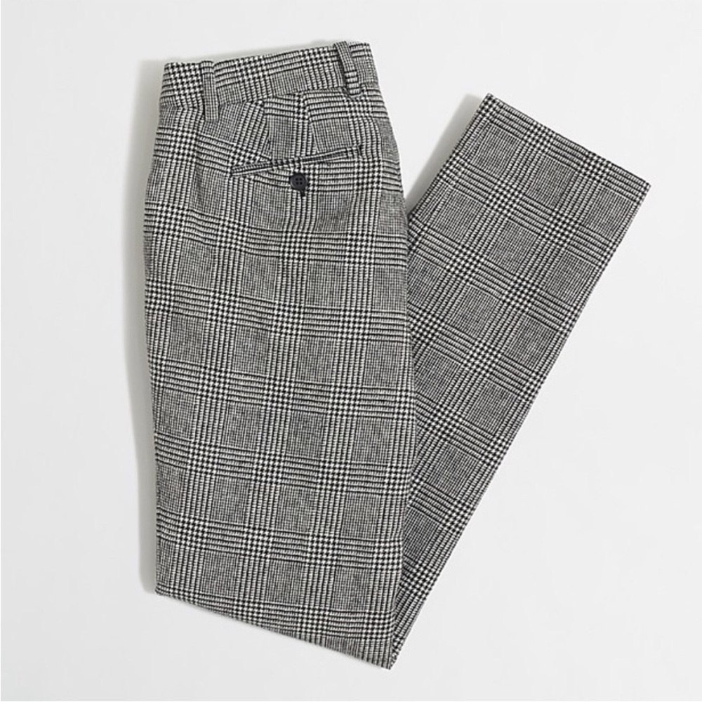 NWT J. Crew Wool Plaid Houndstooth Trouser Pant Grey Black Holiday Winter Lined